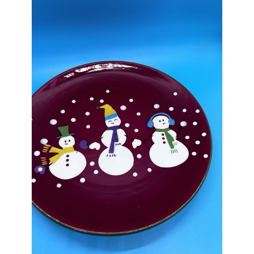 Pier 1 Snowball Snowman Plate 9” Red Christmas Dinnerware holiday white snow